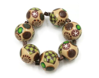 Handmade Beads Polymer Clay Set of Seven Round Tan Brown Green Canework 5/8" 15 mm DIY Jewelry Making Bead Supplies Artisan Beads