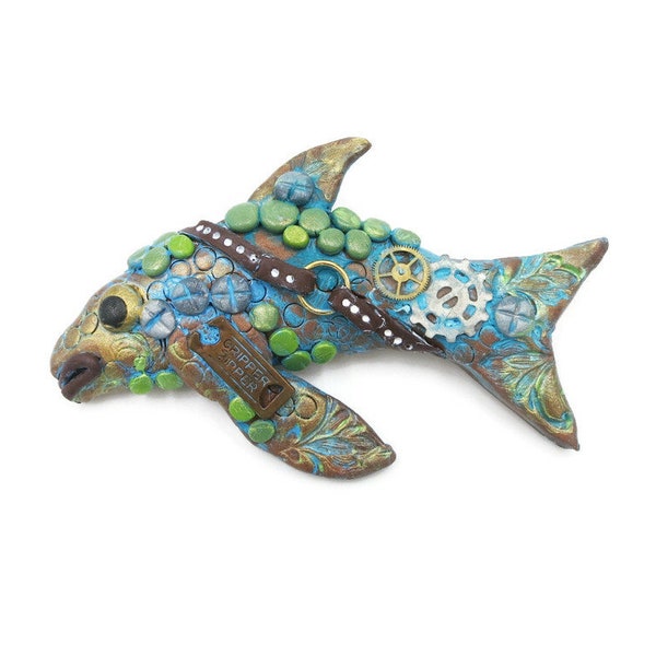 Fish Steampunk Pin Victorian Steam Punk Art Jewelry Brooch Top Hat Unisex Cosplay Polymer Clay Metal Handmade Sea Life Ocean Animal