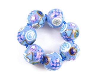 Handmade Beads Polymer Clay Set of Seven Round Blue Focal Beads Iridescent Microglitter Coat Jewelry Supplies DIY Jewelry Making 1/2" 13 mm