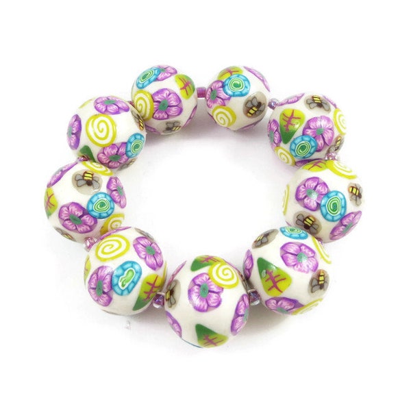 Set of Nine Handmade Polymer Clay Beads Round Focal Beads White Lilac Lime Floral Canework 2 Sizes DIY Jewelry Making Bead Supplies