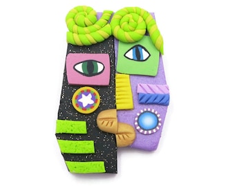 Cubist Face Brooch Pin Polymer Clay Collage Canework Abstract Brooch Portrait Pin Handmade Art Jewelry Signed
