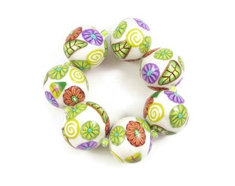 Handmade Focal Beads Set of Seven Polymer Clay Round White Gloss Finish Flowers Leaves Bead Supplies DIY Jewelry Making 5/8" 1.6 cm