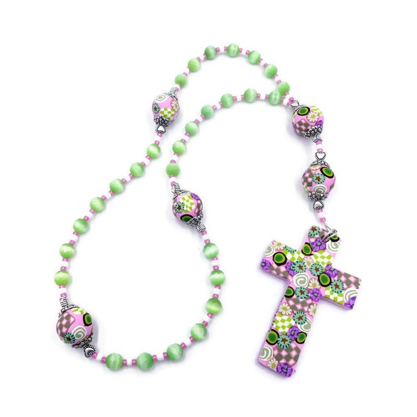 Anglican Prayer Beads Rosary Faceted Green Cat's Eye Glass Handmade Polymer Clay Beads Cross Protestant Spirituality & Religion Gift for Her