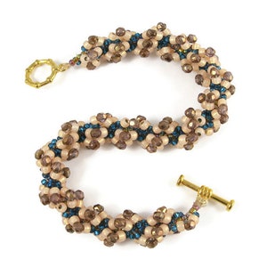 50% OFF SALE Handbeaded Bracelet Beadweaving Copper Finish Faceted Glass Beads Peach Teal Blue Spiral Pattern Toggle Clasp 8" 20.3 CM