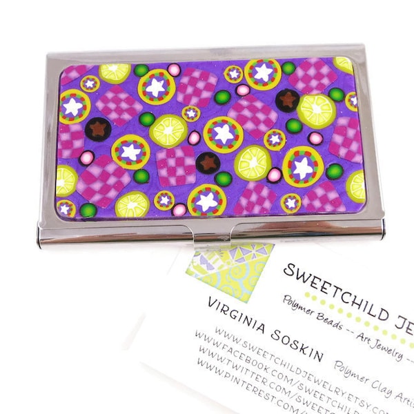 Magenta Business Card Case Credit Card Holder Handmade Polymer Clay Lid Insert Wallets and Money Clips Office Gift for Her Job Promotion