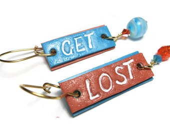 Get Lost Sassy Saying Earrings Handmade Polymer Clay Teen Girls Fish Hook Wires Pierced Earrings Swarovski Czech Glass Gold Plated Findings