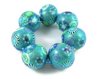 Handmade Star of David Jewish Theme Beads Polymer Clay Set of Seven Round Aqua Focal Beads Green Microglitter Jewelry Supplies 1/2" 13 mm
