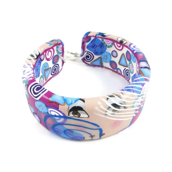 Multicolored Polymer Clay Cuff Bracelet Handmade Lobster Clasp Adjustable Flexible Artisan Jewelry Fits Wrists up to 6 1/2"