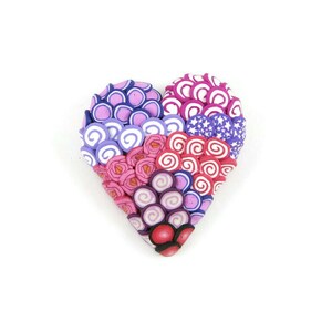 Textured Canework Heart Polymer Clay Pin Handmade Brooch Art Jewelry Spirals Stars Red Pink Purple Love Valentine/'s Day