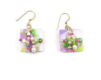 Dangle Earrings Wire Wrapped Polymer Clay Art Jewelry Handmade Pierced Czech Glass Seed Beads Goldplated Wires Pearls