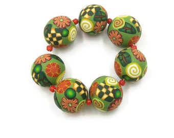 Handmade Beads Polymer Clay Set of Seven Round Green Orange Yellow 15 mm DIY Jewelry Making Bead Supplies Artisan Beads