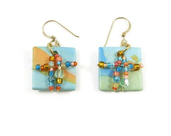 Dangle Earrings Wire Wrapped Polymer Clay Art Jewelry Handmade Pierced Czech Glass Seed Beads Goldplated Wires Aqua Orange