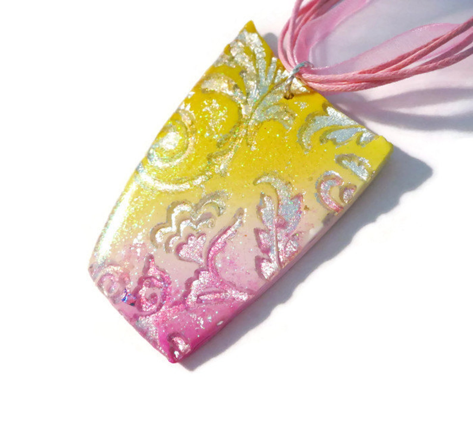 Resin Pendant Necklace Embossed Polymer Clay Art Pendant Jewelry Silver