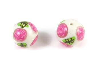 Handmade Beads Polymer Clay 2 Pink Rose and Leaf Beads White Pearl Clay Microglitter Earrings Bead Supplies 11 mm