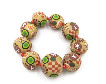 Handmade Polymer Clay Beads Set of 9 Graduated Sizes Round DIY Jewelry Making Beading Supplies Focal Beads Tan Boho Geometric Patterns