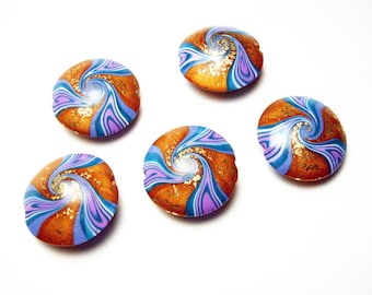 Focal Beads Polymer Clay Lentil Beads Five Turquoise Lavender Gold Dots Handmade Swirl Pattern 7/8&quot; 20 mm Jewelry Supplies