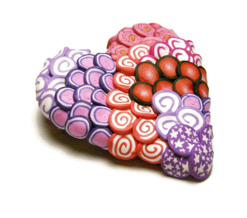 Textured Canework Heart Polymer Clay Pin Handmade Brooch Art Jewelry Spirals Stars Red Pink Purple Love Valentine/'s Day
