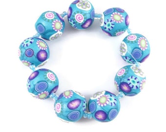 Handmade Beads Polymer Clay Set of 9 Round DIY Jewelry Making Jewelry Supplies Focal Beads Aqua 5/8" 16 mm