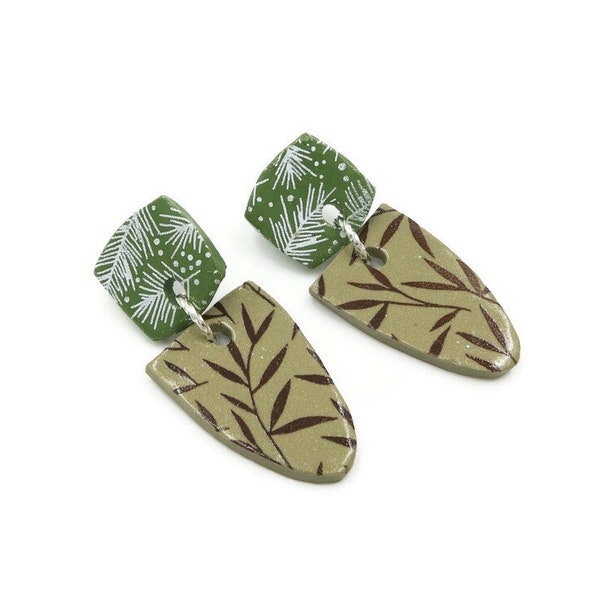 Silk Screened Polymer Clay Earrings Pine Trees Leaves Jewelry Botanical Jewelry Silver Plated Ear Studs Gift for Her Less Than 25 Dollars