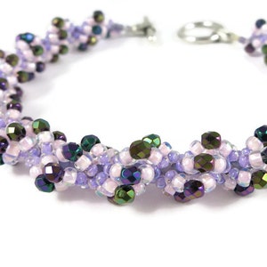 50% OFF SALE Handbeaded Bracelet Beadweaving Purple Iris Faceted Glass Beads Pink Lavender Spiral Pattern Toggle Clasp 8 5/8" 22.5 CM