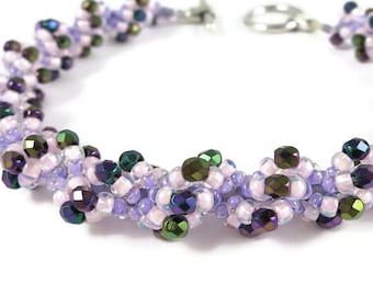 50% OFF SALE Handbeaded Bracelet Beadweaving Purple Iris Faceted Glass Beads Pink Lavender Spiral Pattern Toggle Clasp 8 5/8" 22.5 CM