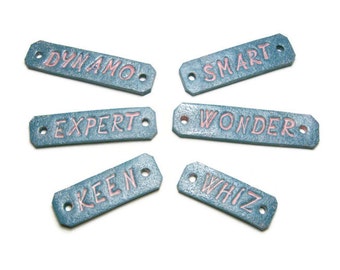 75% OFF Inspirational Words Bead Connectors Tags Set of Six Embossed Lettering Pink Blue Silver Handmade Polymer Clay Jewelry Supply DIY