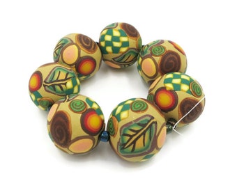 Handmade Beads Polymer Clay Set of Seven Round Tan Brown Green Canework 5/8" 15 mm DIY Jewelry Making Bead Supplies Artisan Beads