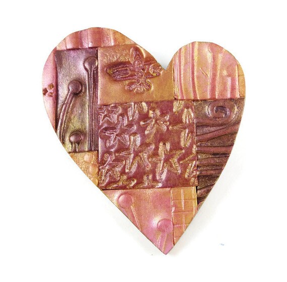 Textured Canework Heart Polymer Clay Pin Handmade Brooch Art Jewelry Spirals Stars Red Pink Purple Love Valentine/'s Day