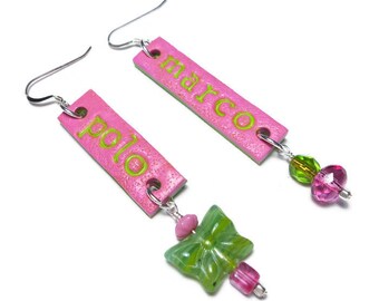 Marco Polo Saying Earrings Handmade Polymer Clay Teen Girls Sterling Silver Wires Pierced Earrings Swarovski Crystal Czech Glass Pink Lime