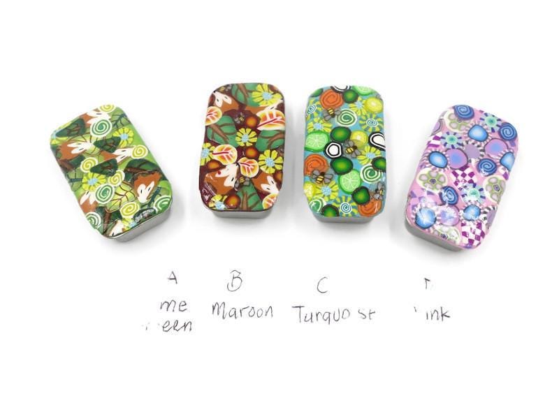 Sliding Lid Pill Box Keepsake Box Trinket Refillable Storage Handmade Polymer Clay Lid Tin Interior Gift for Her Choice of Four Colors