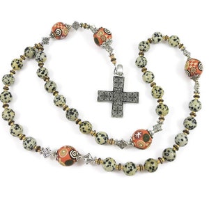 Dalmatian Jasper Anglican Rosary Prayer Beads Protestant Episcopal Handmade Polymer Clay Focal Beads Celtic Cross Unisex Spirituality