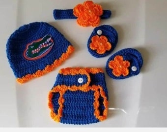 Crochet Baby Girl Florida Gators Football Inspired Outfit Photo Prop Baby Girl Clothing