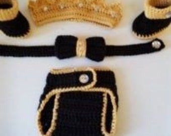 Crochet Newborn Baby Boy Black and Gold Prince Outfit, Crochet Baby Outfit, Newborn Boy Photo Prop, Baby Shower Gift,Baby Boy Clothing