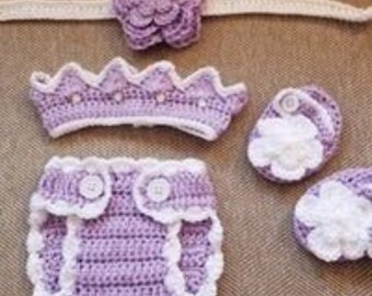 Crochet Newborn Baby Girl Purple and White Princess Diaper Cover Outfit, Crochet Baby Outfit, Newborn Girl Photo Prop, Baby Shower Gift