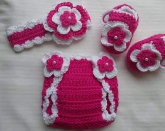 Crochet Newborn Baby Girl Hot Pink and White Headband Diaper Cover Outfit, Crochet Baby Outfit, Newborn Girl Photo Prop, Baby Shower Gift
