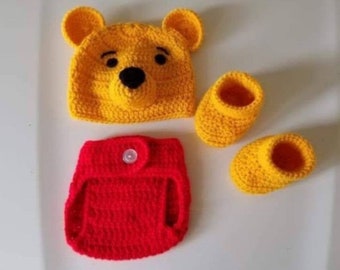 Crochet Newborn Baby Boy Winnie The Pooh Inspired Outfit, Crochet Baby Outfit, Newborn Boy Photo Prop, Baby Shower Gift,Baby Boy Clothing