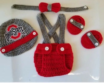 Crochet Baby Boy Ohio State Buckeyes Football Inspired Outfit Photo Prop Baby Boy Clothing