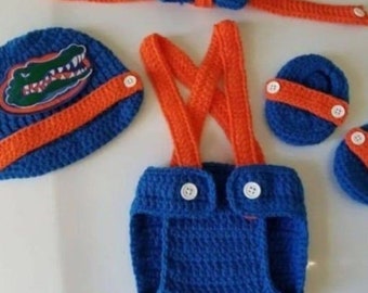 Crochet Baby Boy Florida Gators Football Inspired Outfit Photo Prop Baby Boy Clothing