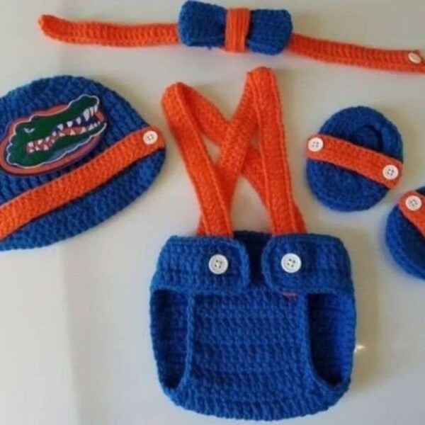 Crochet Baby Boy Florida Gators Football Inspired Outfit Photo Prop Baby Boy Clothing