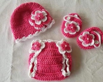 Crochet Newborn Baby Girl Hot Pink and White Diaper Cover Outfit, Crochet Baby Outfit, Newborn Girl Photo Prop, Baby Shower Gift