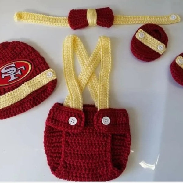 Crochet Baby Boy San Francisco 49ers Football Inspired Outfit Photo Prop Baby Shower Gift Baby Boy Outfit Baby Boy Clothing