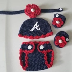 Crochet Baby Girl Atlanta Braves Baseball Inspired Outfit Photo Prop Baby Shower Gift Baby Girl Outfit Baby Girl Clothing