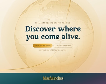 Puede incluir: Un gráfico digital que muestra el contorno de un globo terráqueo sobre un fondo degradado beige con el texto: FULL ASTROCARTOGRAPHY READING, Discover where you come alive., UP TO 90 MIN VIDEO, 3 WRITTEN REPORTS, LIFETIME MAPS PORTAL, ALL LAYERS, blissful riches.
