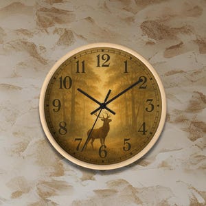Puede incluir: Reloj de pared redondo con marco de madera clara. La esfera del reloj presenta una escena de bosque con una silueta de ciervo. Las manecillas negras indican la hora. Los números están en una fuente clásica.