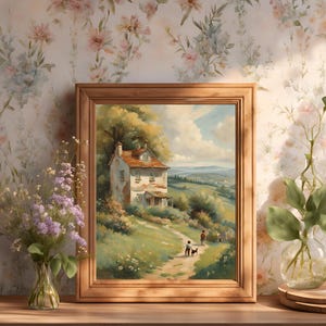 Vintage Cottagecore Wall Art Country House With Rural Landscape Country ...