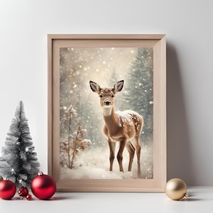 Vintage Christmas Deer Portrait: Snowy Forest Holiday Print (Digital Download)