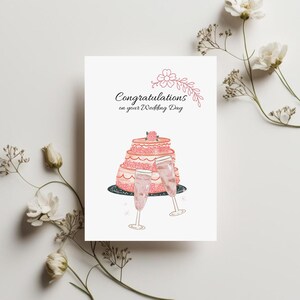 Jolie carte de mariage élégante – carte de voeux vintage | cadeau pour le jour du mariage | carte de félicitations | Champagne et gâteau