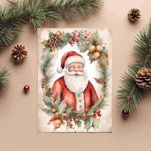 Tarjetas navideñas imprimibles de Papá Noel vintage / Plantillas navideñas de acuarela / Tarjeta navideña retro SVG PNG / Decoración navideña para el hogar