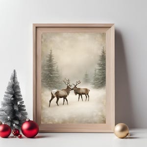 Vintage Christmas Wall Art Reindeers in Snowy forest | Printable Oil Painting for Christmas Decor | Cozy Winter Holiday Print