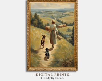 Vintage Cottagecore Wall Art: Girl with Dogs, Country Landscape (Digital Print)